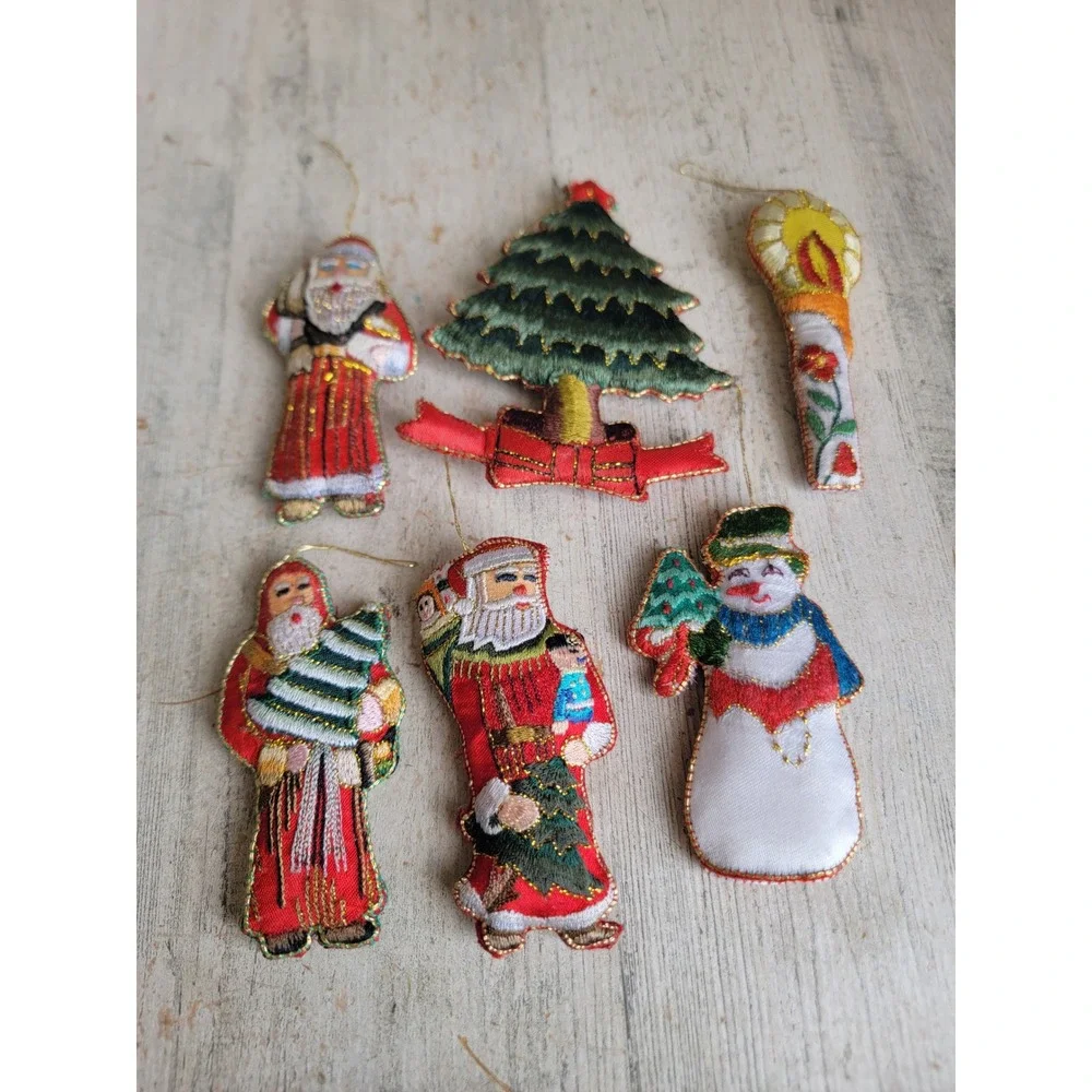 Vintage embroidered Santa Claus tree candle ornament Snowman Xmas set